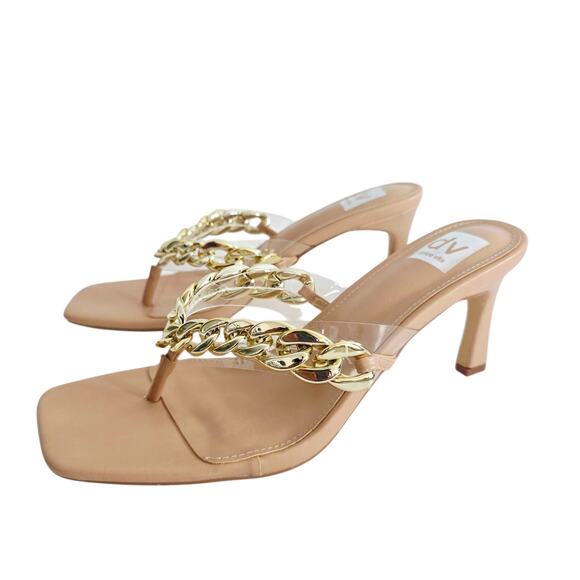 Dolce Vita Tan & Gold Player Chain Slide Thong Sandal Heels Size 9.5 - Picture 1 of 8